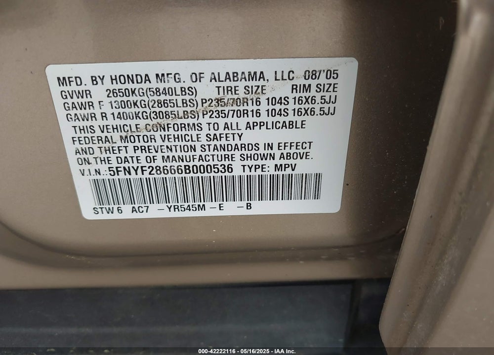 2006 HONDA PILOT VIN: 5FNYF28666B000536