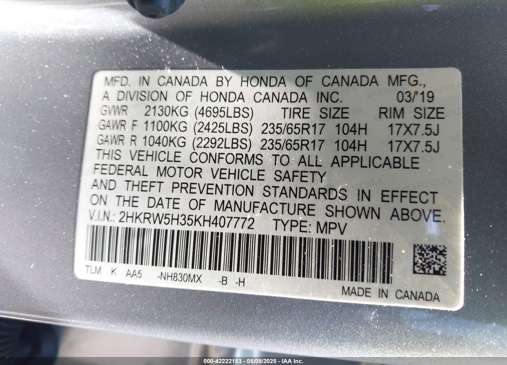 2019 HONDA CR-V VIN: 2HKRW5H35KH407772