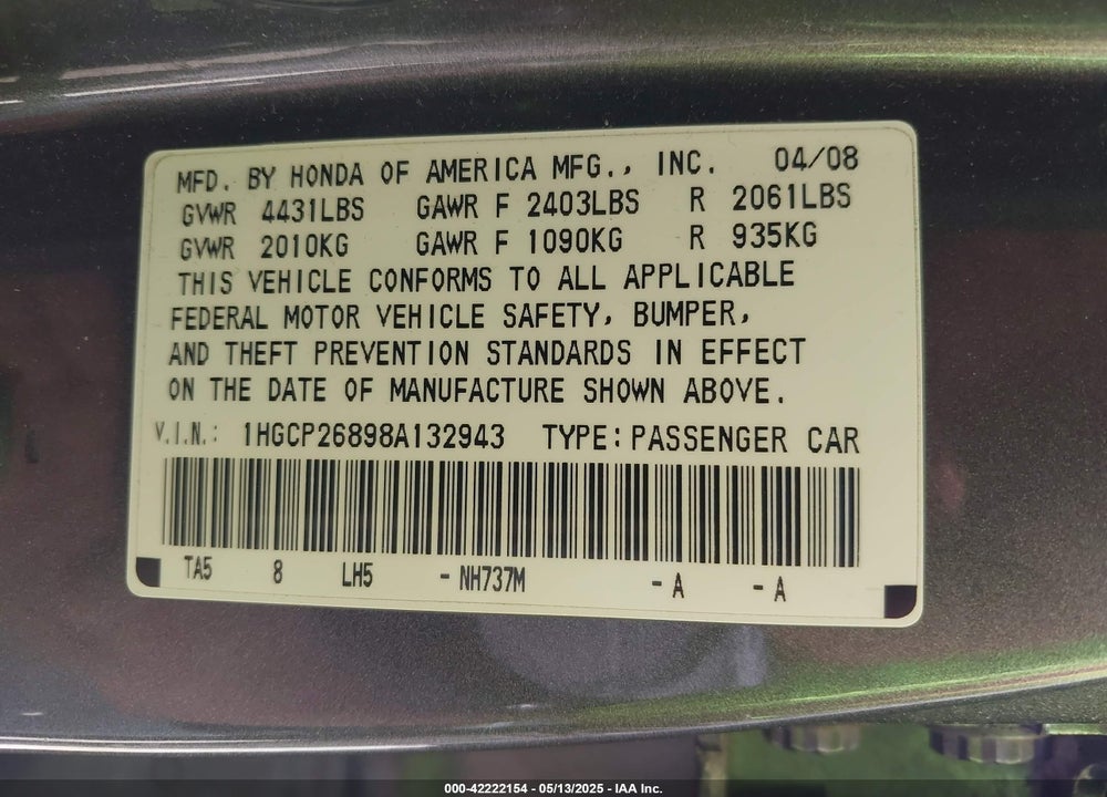 2008 HONDA ACCORD VIN: 1HGCP26898A132943