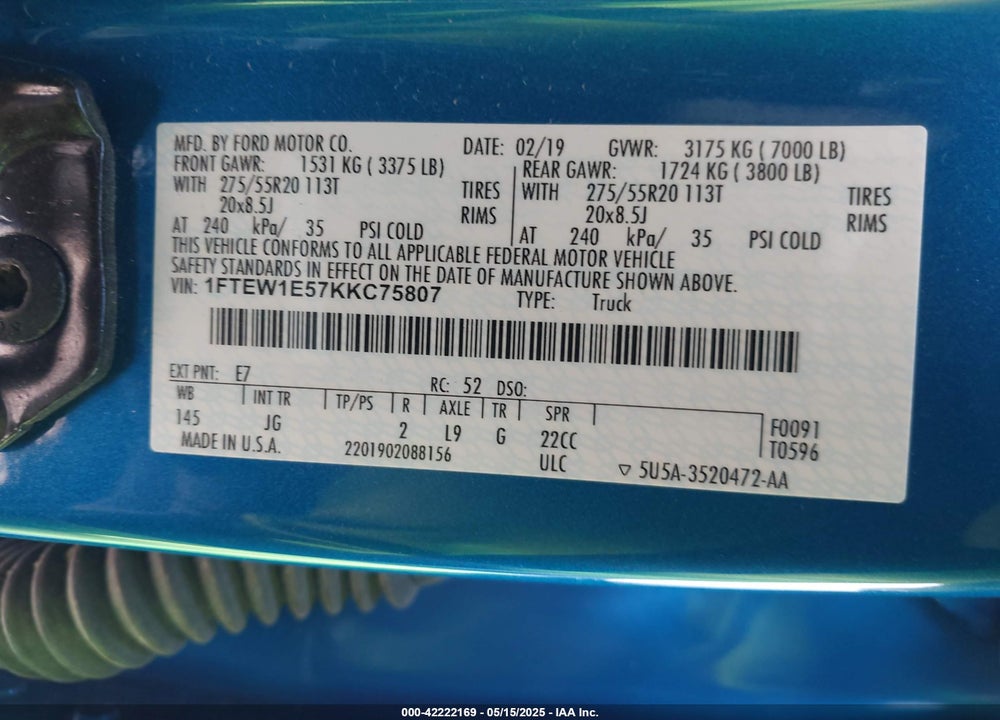 2019 FORD F-150 VIN: 1FTEW1E57KKC75807