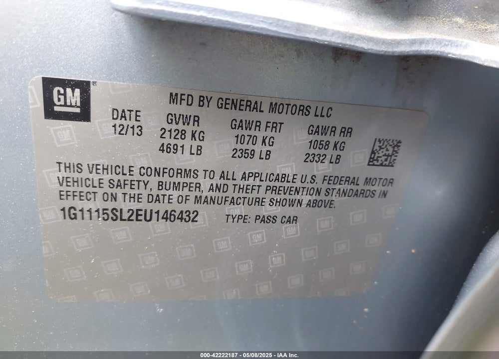 2014 CHEVROLET IMPALA 1LT VIN: 1G1115SL2EU146432