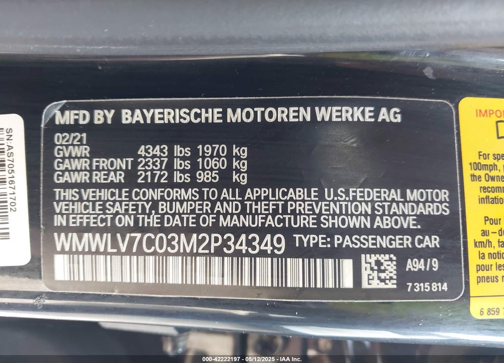 2021 MINI CLUBMAN COOPER S VIN: WMWLV7C03M2P34349