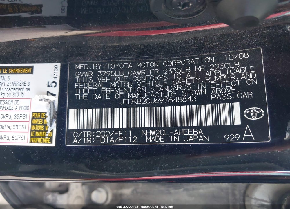 2009 TOYOTA PRIUS VIN: JTDKB20U697848843