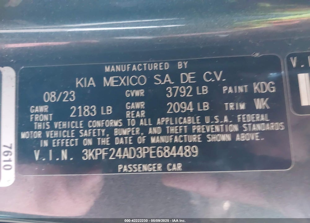 2023 KIA FORTE LXS VIN: 3KPF24AD3PE684489