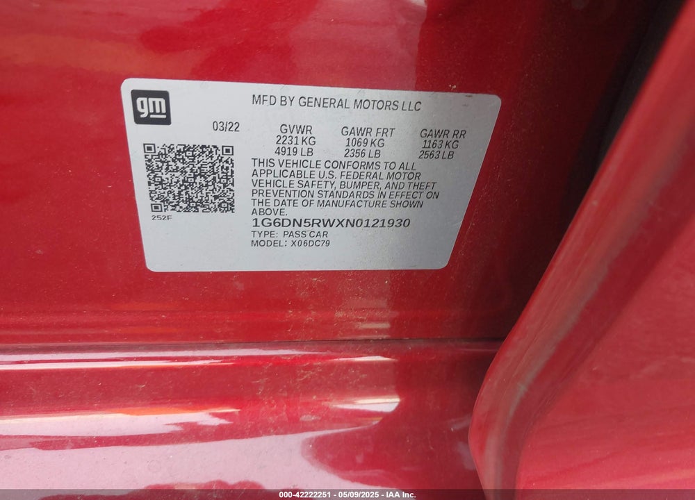 2022 CADILLAC CT5 VIN: 1G6DN5RWXN0121930