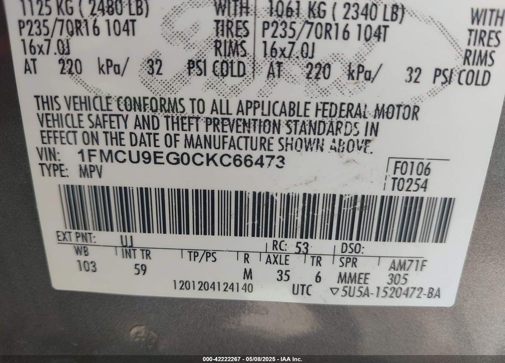 2012 FORD ESCAPE VIN: 1FMCU9EG0CKC66473