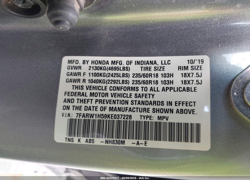 2019 HONDA CR-V VIN: 7FARW1H59KE037228