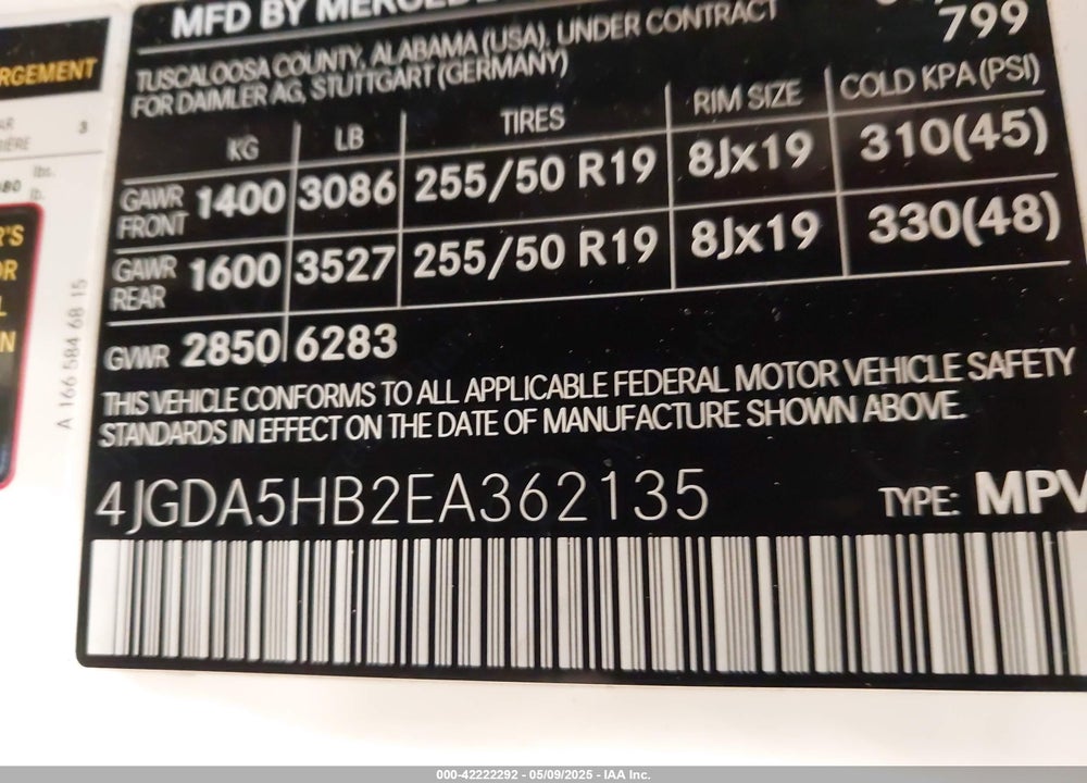 2014 MERCEDES-BENZ ML 350 VIN: 4JGDA5HB2EA362135
