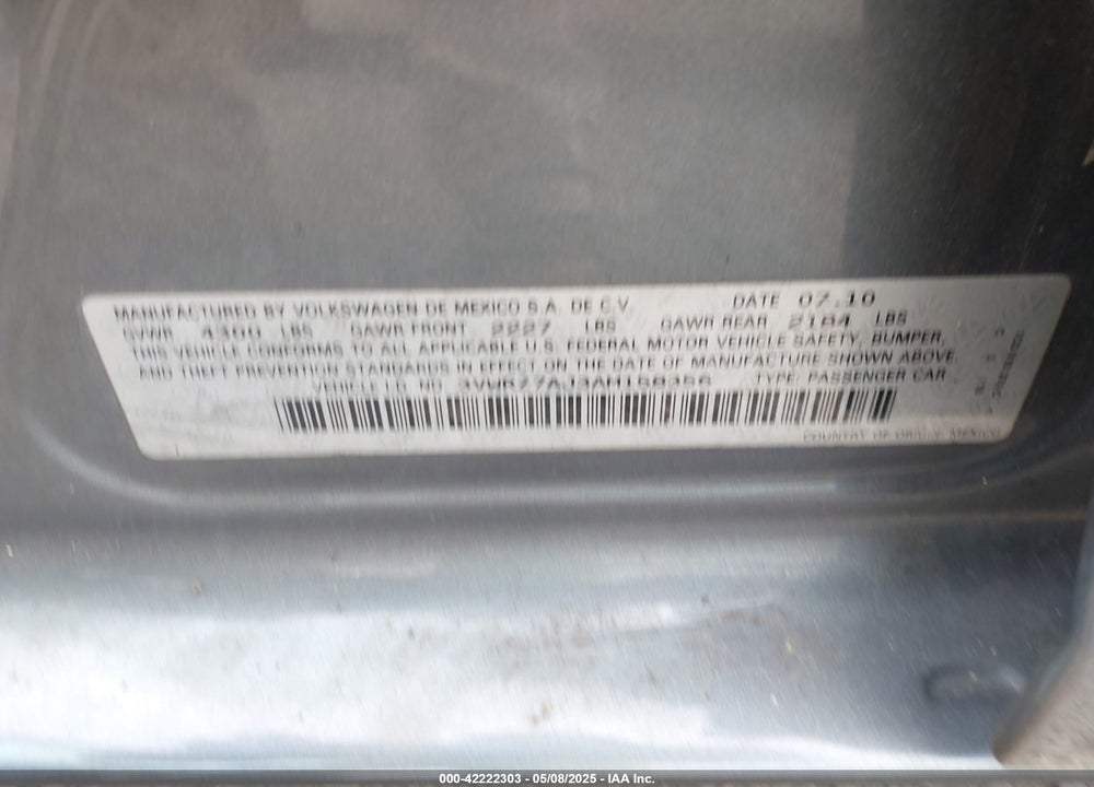 2010 VOLKSWAGEN JETTA VIN: 3VWRZ7AJ3AM158356