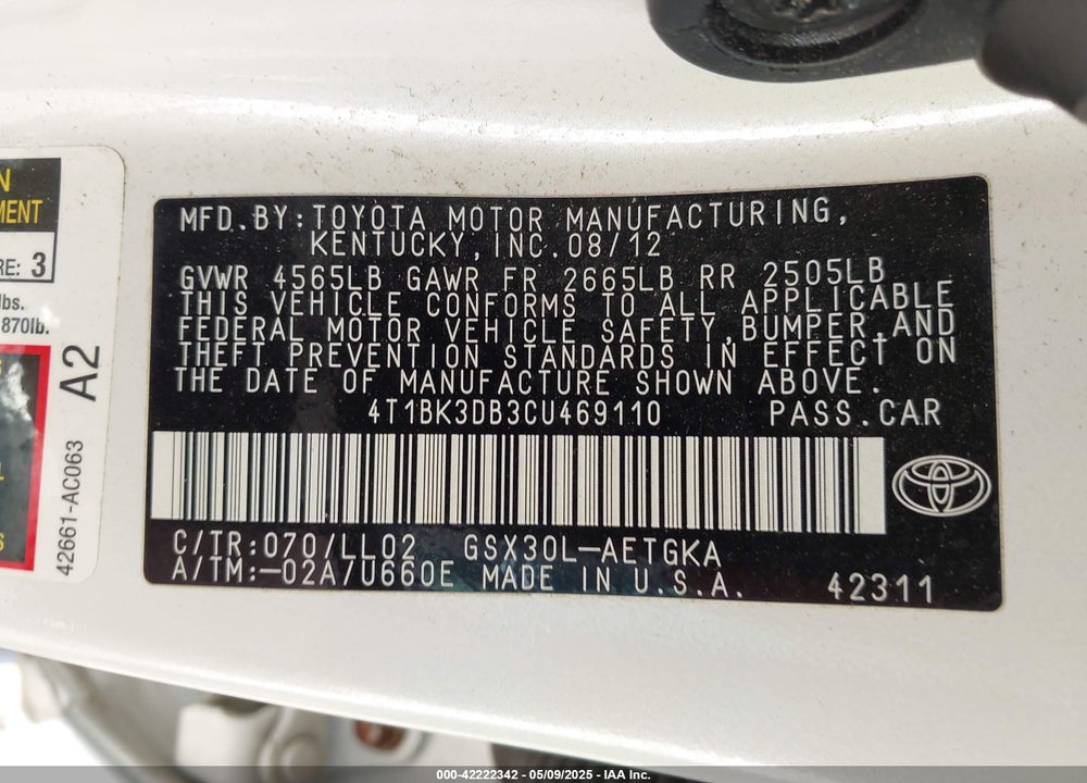 2012 TOYOTA AVALON VIN: 4T1BK3DB3CU469110