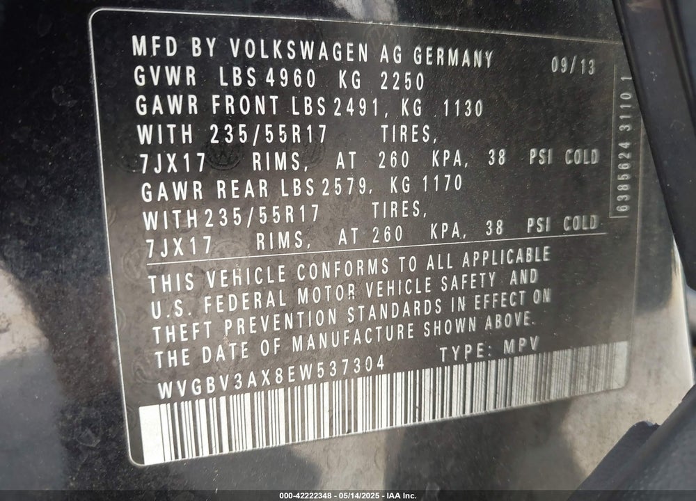 2014 VOLKSWAGEN TIGUAN SE VIN: WVGBV3AX8EW537304