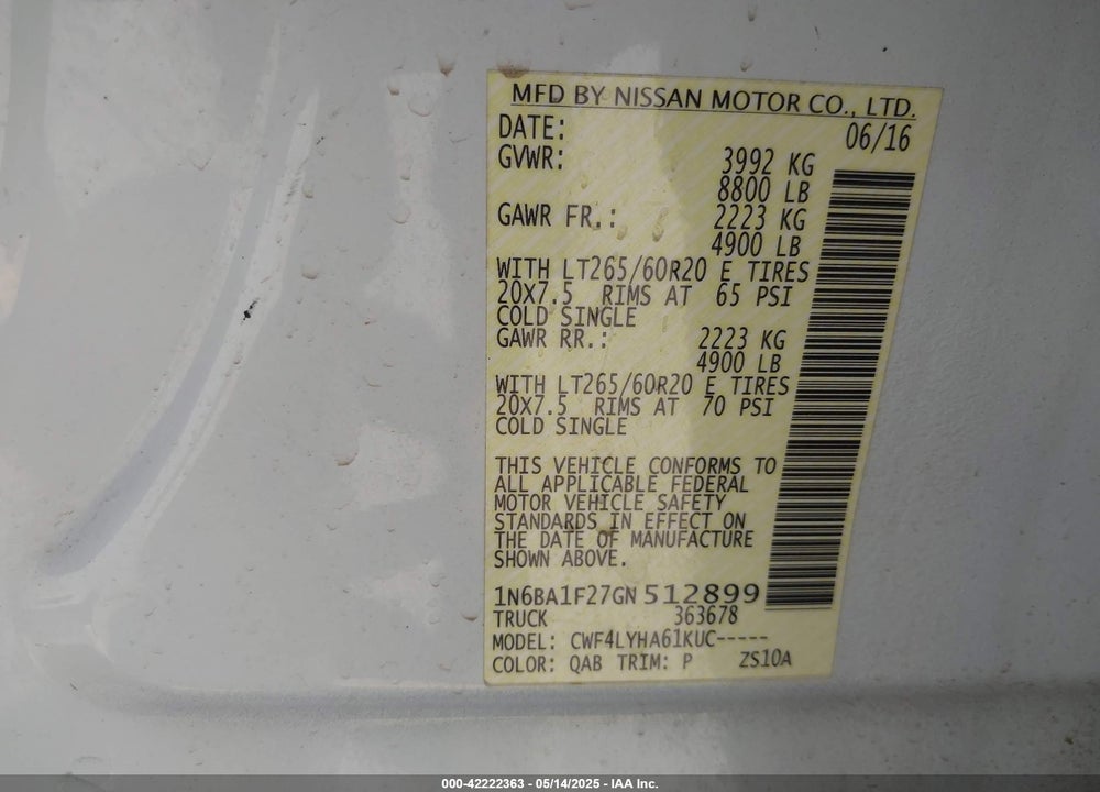 2016 NISSAN TITAN XD VIN: 1N6BA1F27GN512899