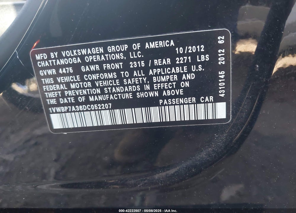 2013 VOLKSWAGEN PASSAT 2.5L SE VIN: 1VWBP7A36DC052207