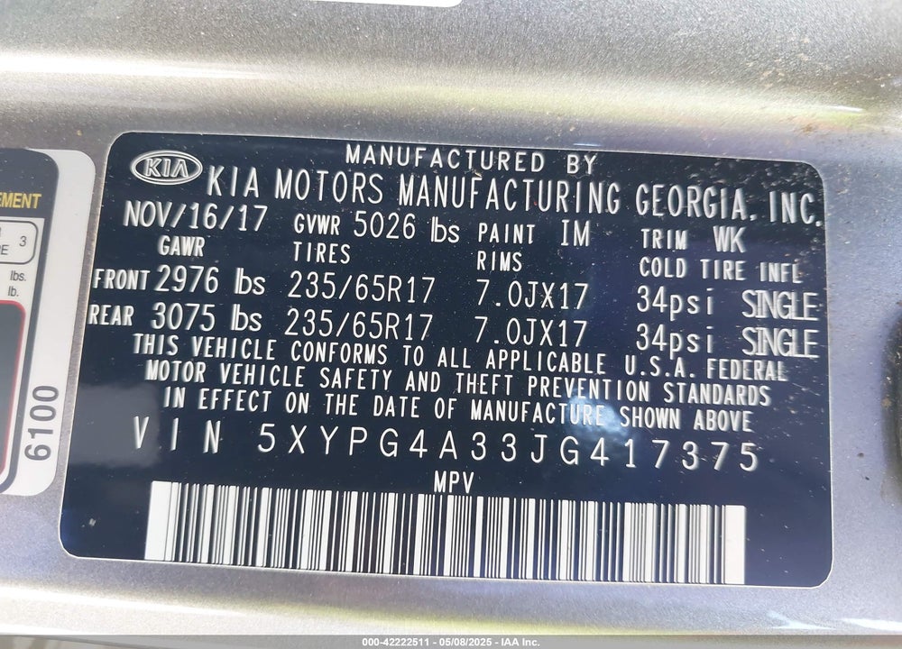 2018 KIA SORENTO VIN: 5XYPG4A33JG417375