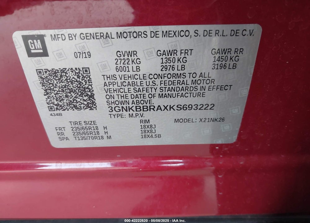 2019 CHEVROLET BLAZER VIN: 3GNKBBRAXKS693222