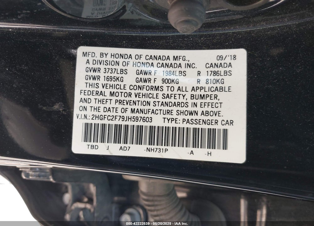 2018 HONDA CIVIC EX VIN: 2HGFC2F79JH597603