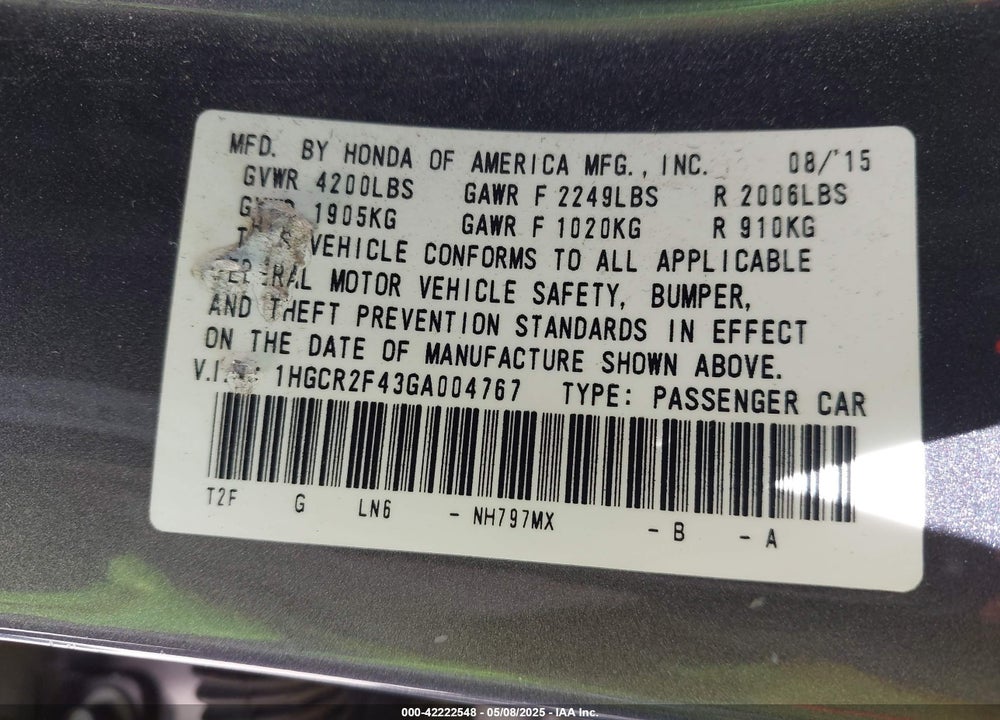 2016 HONDA ACCORD LX VIN: 1HGCR2F43GA004767