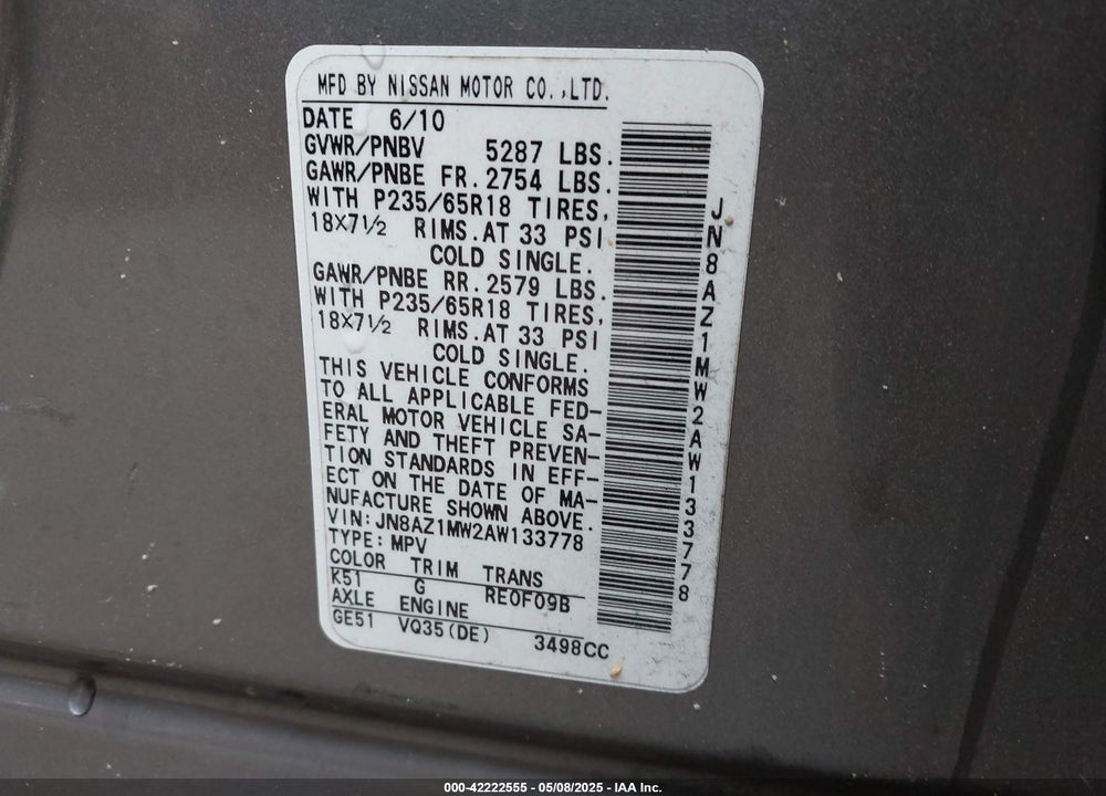 2010 NISSAN MURANO SL VIN: JN8AZ1MW2AW133778