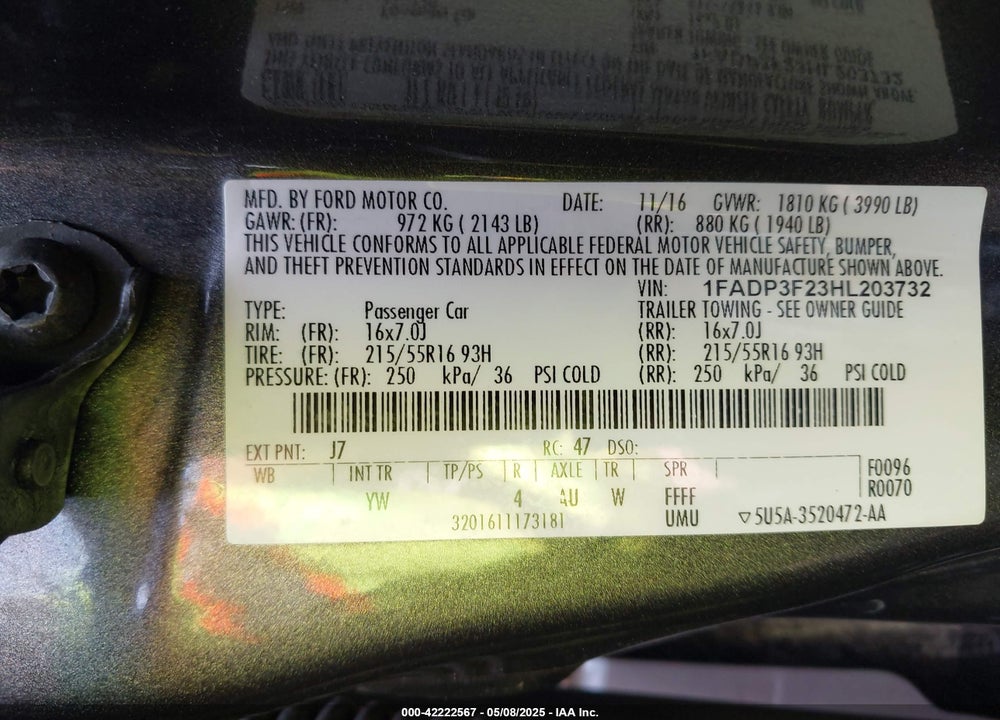 2017 FORD FOCUS SE VIN: 1FADP3F23HL203732