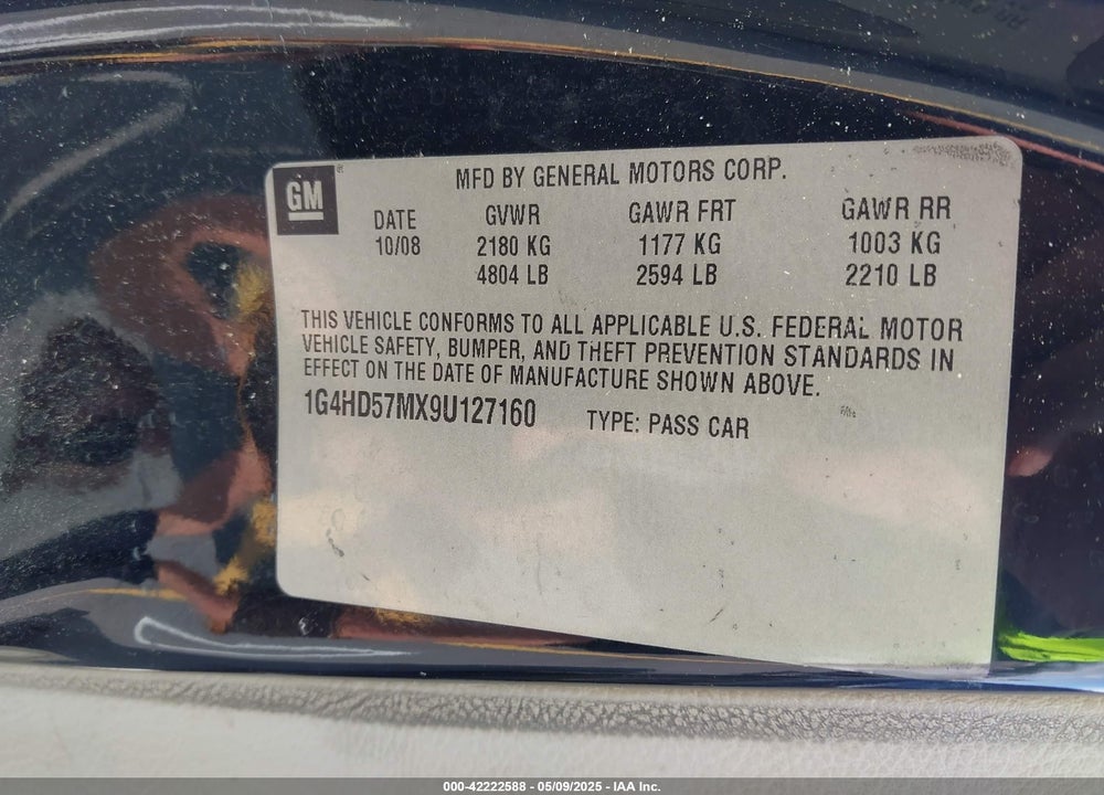2009 BUICK LUCERNE VIN: 1G4HD57MX9U127160