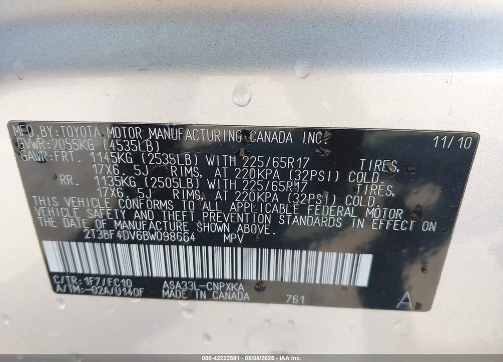 2011 TOYOTA RAV4 VIN: 2T3BF4DV6BW098664