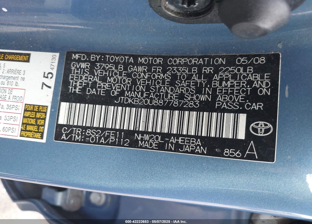 2008 TOYOTA PRIUS VIN: JTDKB20U887787283