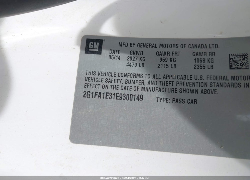 2014 CHEVROLET CAMARO VIN: 2G1FA1E31E9300149