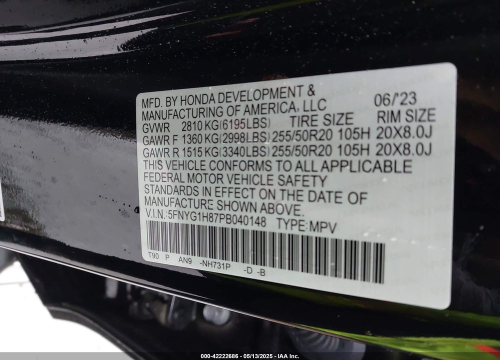 2023 HONDA PILOT VIN: 5FNYG1H87PB040148