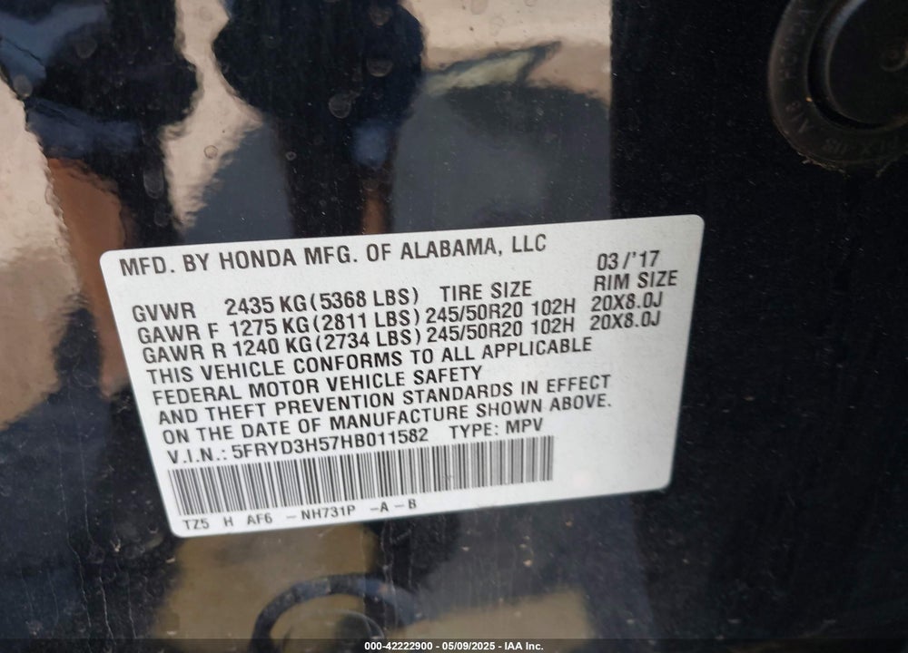 2017 ACURA MDX TECHNOLOGY PACKAGE VIN: 5FRYD3H57HB011582