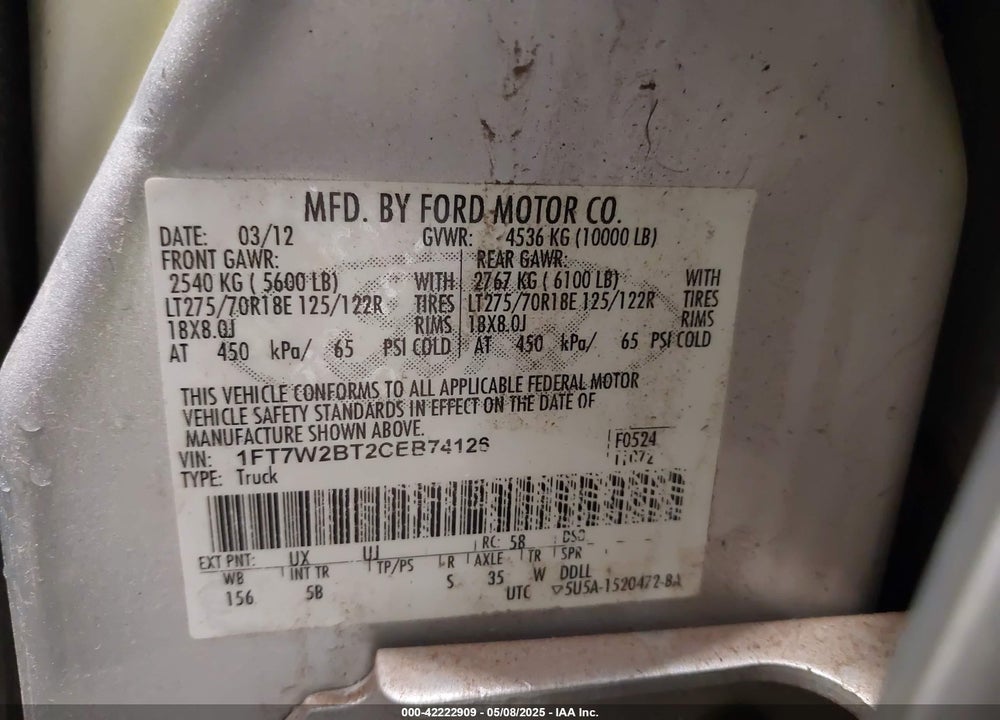 2012 FORD F-250 VIN: 1FT7W2BT2CEB74126