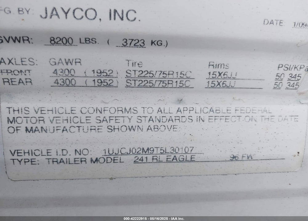 1996 JAYCO EAGLE 241 RL 5TH WHEEL TRAVEL TRAILER VIN: 1UJCJ02M9T5L30107