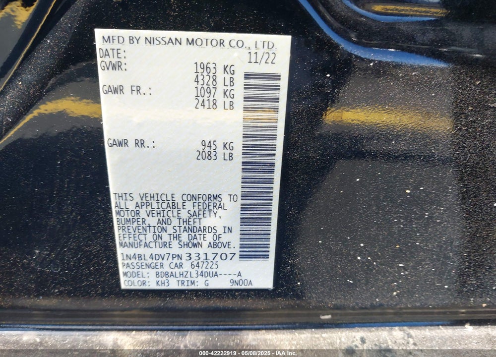 2023 NISSAN ALTIMA SV FWD VIN: 1N4BL4DV7PN331707