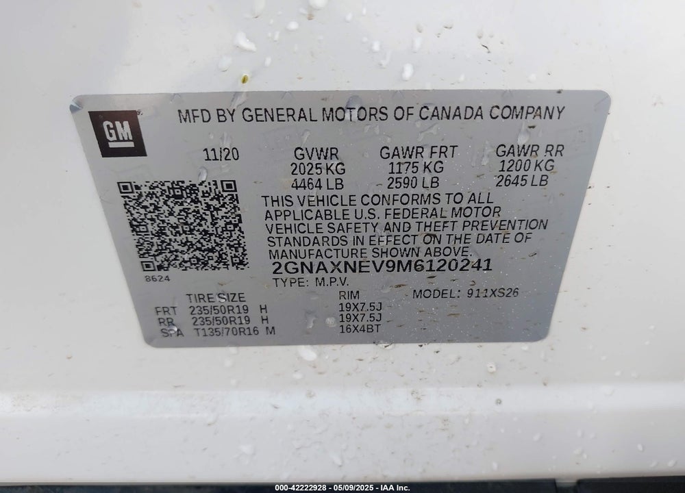 2021 CHEVROLET EQUINOX FWD PREMIER VIN: 2GNAXNEV9M6120241