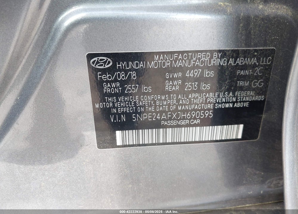 2018 HYUNDAI SONATA VIN: 5NPE24AFXJH690595