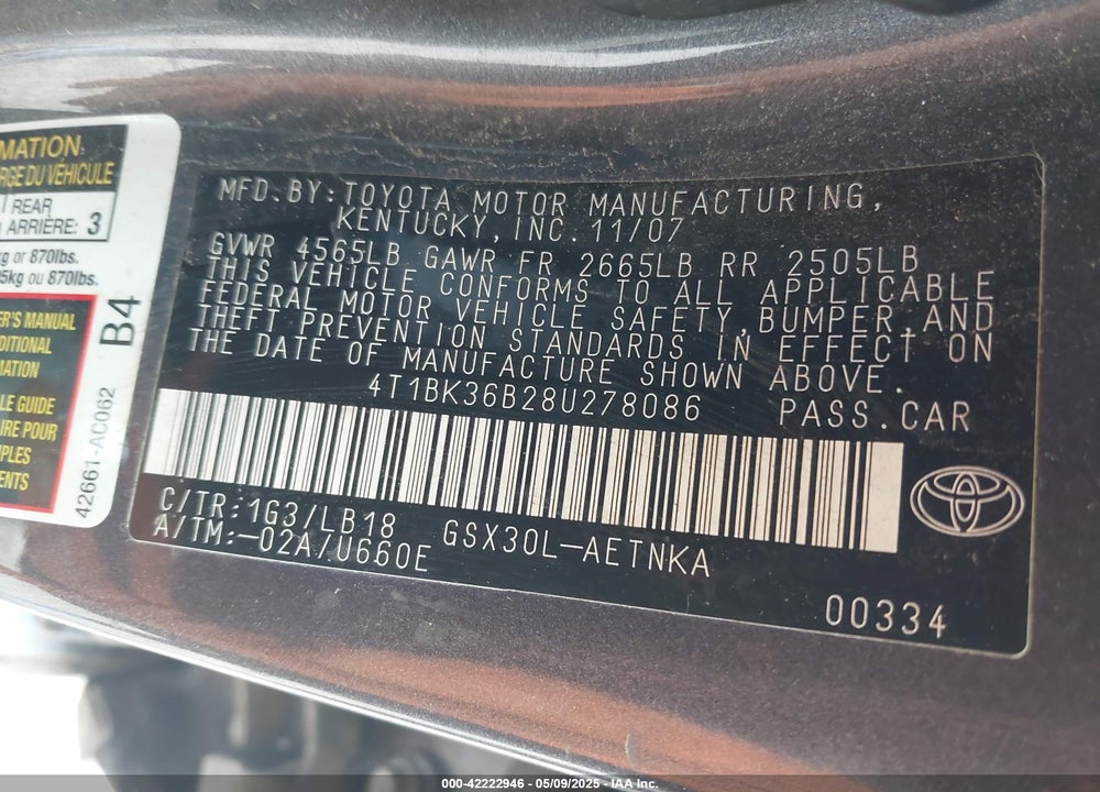 2008 TOYOTA AVALON TOURING VIN: 4T1BK36B28U278086