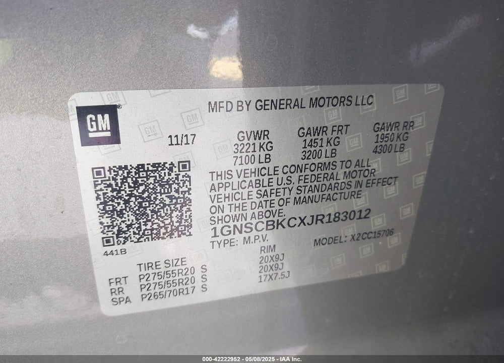 2018 CHEVROLET TAHOE VIN: 1GNSCBKCXJR183012