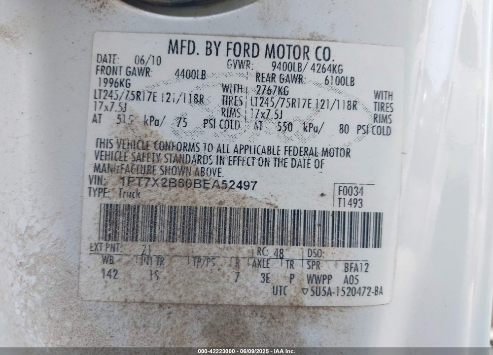 2011 FORD F-250 XL VIN: 1FT7X2B60BEA52497