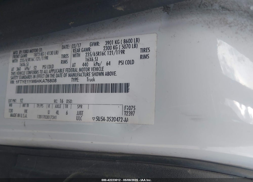 2017 FORD TRANSIT-150 VIN: 1FTYE1YM6HKA76808