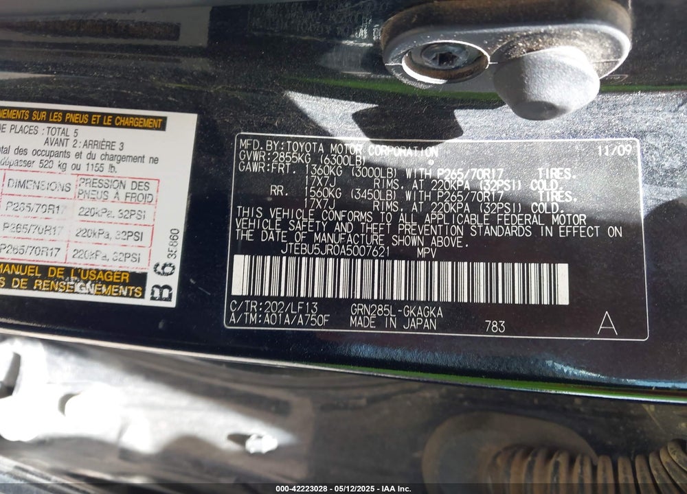 2010 TOYOTA 4RUNNER SR5 V6 VIN: JTEBU5JR0A5007621