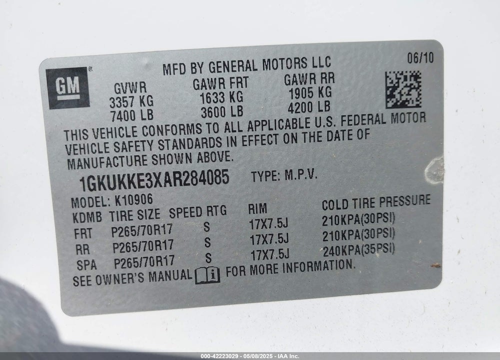 2010 GMC YUKON XL 1500 VIN: 1GKUKKE3XAR284085
