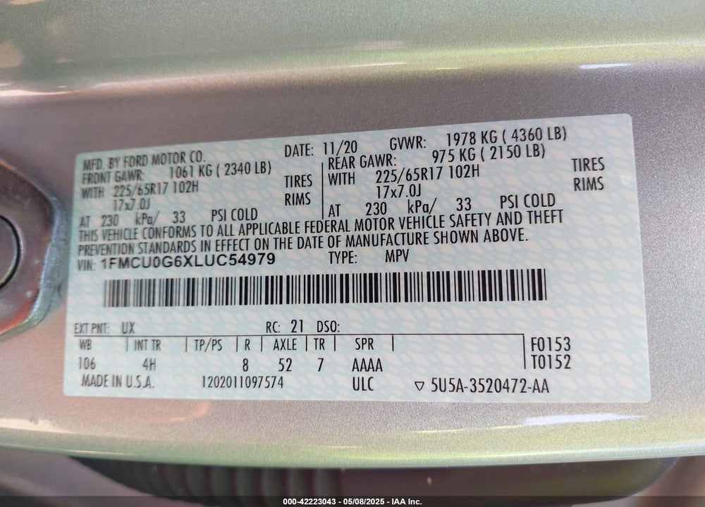 2020 FORD ESCAPE SE VIN: 1FMCU0G6XLUC54979