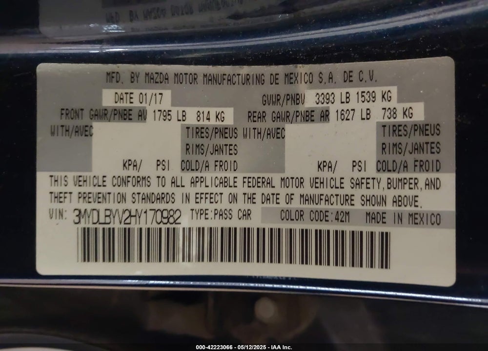 2017 TOYOTA YARIS IA VIN: 3MYDLBYV2HY170982
