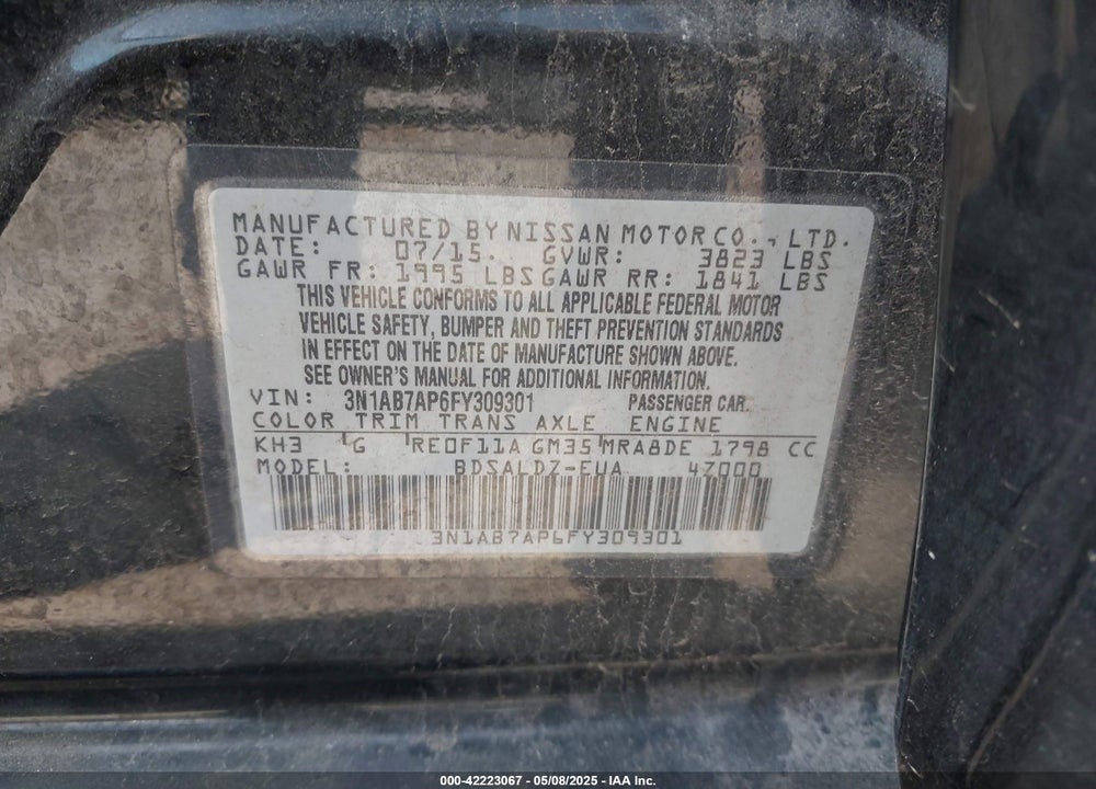 2015 NISSAN SENTRA VIN: 3N1AB7AP6FY309301