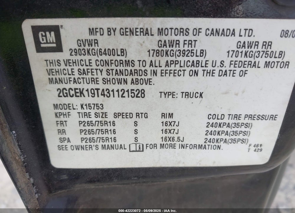 2003 CHEVROLET SILVERADO 1500 LS VIN: 2GCEK19T431121528