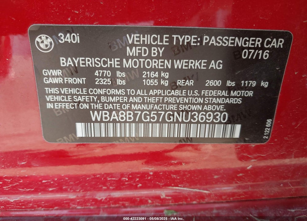 2016 BMW 3 SERIES VIN: WBA8B7G57GNU36930