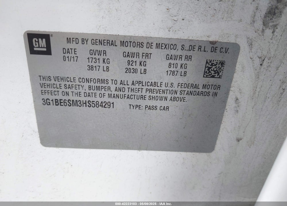 2017 CHEVROLET CRUZE VIN: 3G1BE6SM3HS584291