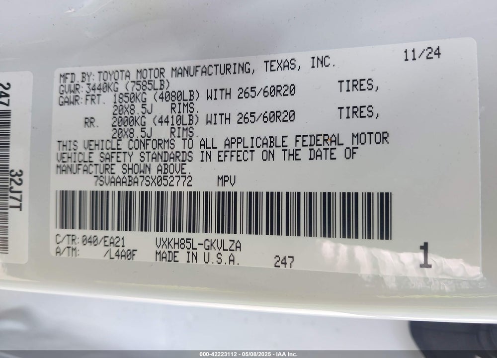 2025 TOYOTA SEQUOIA LIMITED VIN: 7SVAAABA7SX052772
