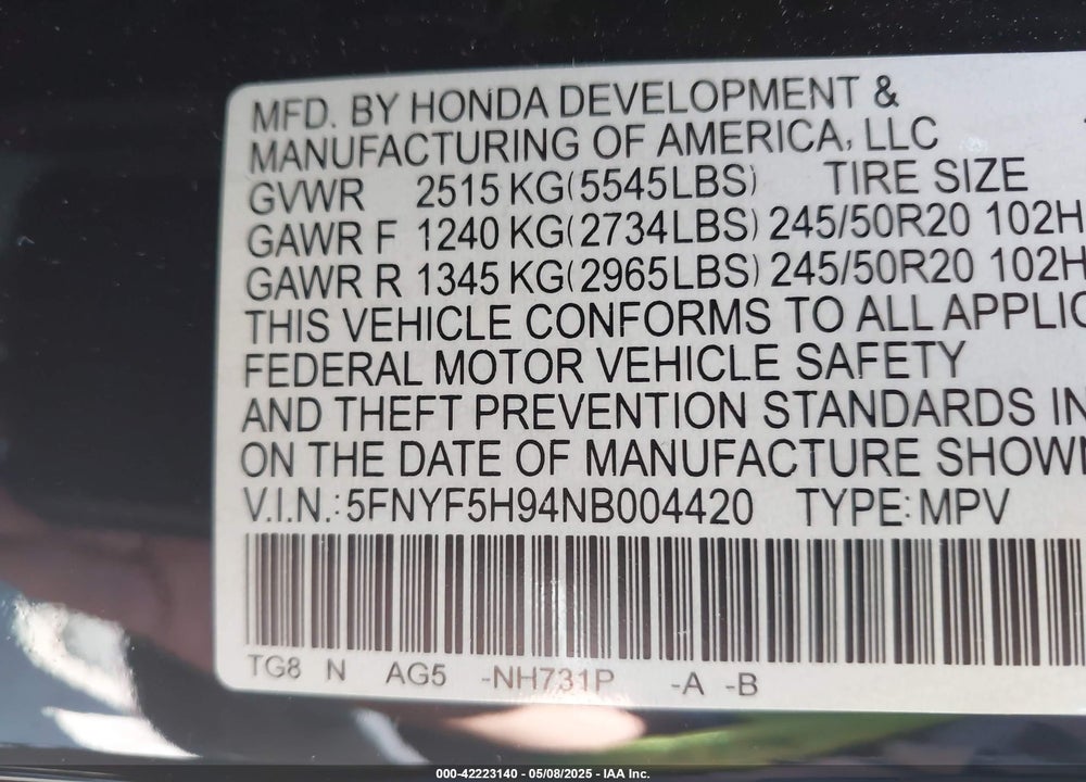 2022 HONDA PILOT 2WD TOURING 8 PASSENGER VIN: 5FNYF5H94NB004420