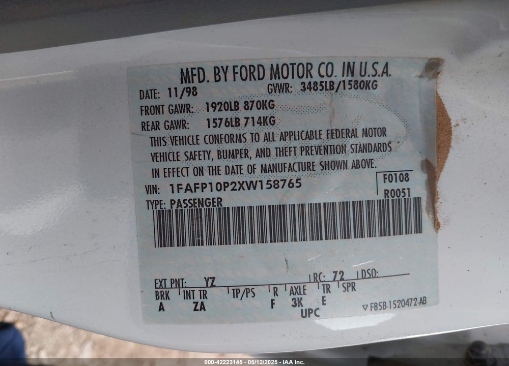 1999 FORD ESCORT LX VIN: 1FAFP10P2XW158765