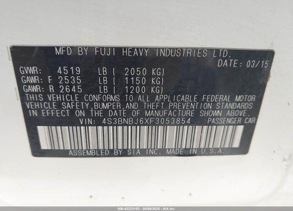 2015 SUBARU LEGACY 2.5I LIMITED VIN: 4S3BNBJ6XF3053854